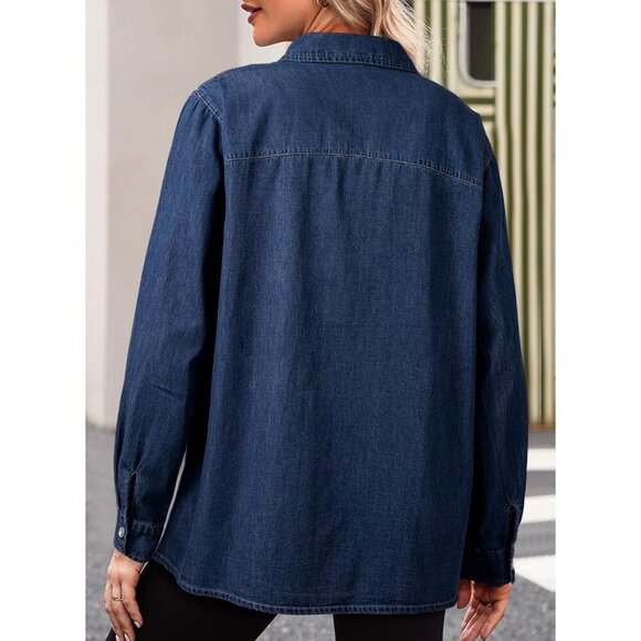 Women's Denim Shirt Long Sleeve Button Down V Neck Denim Jacket Navy Blue - Picture 5 of 5